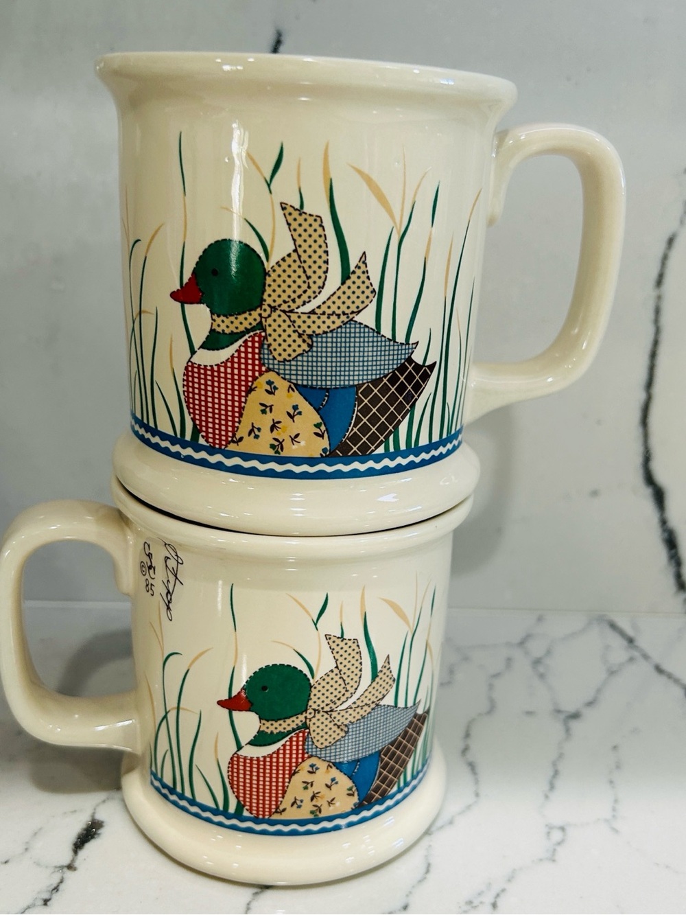 Mallard Duck Coffee Mug / Cups Patchwork Signed Artist D Tipp -1985 CSC
